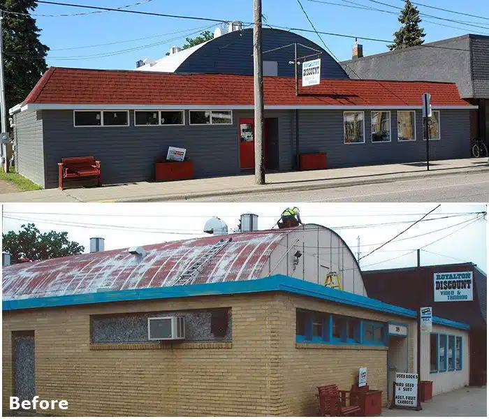 Before and after shots of a business exterior with a new red roof and painted gray exterior