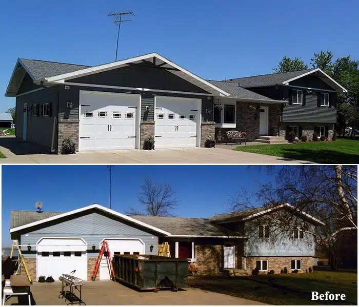 Before and after images of a home in Royalton with siding and roof replacement