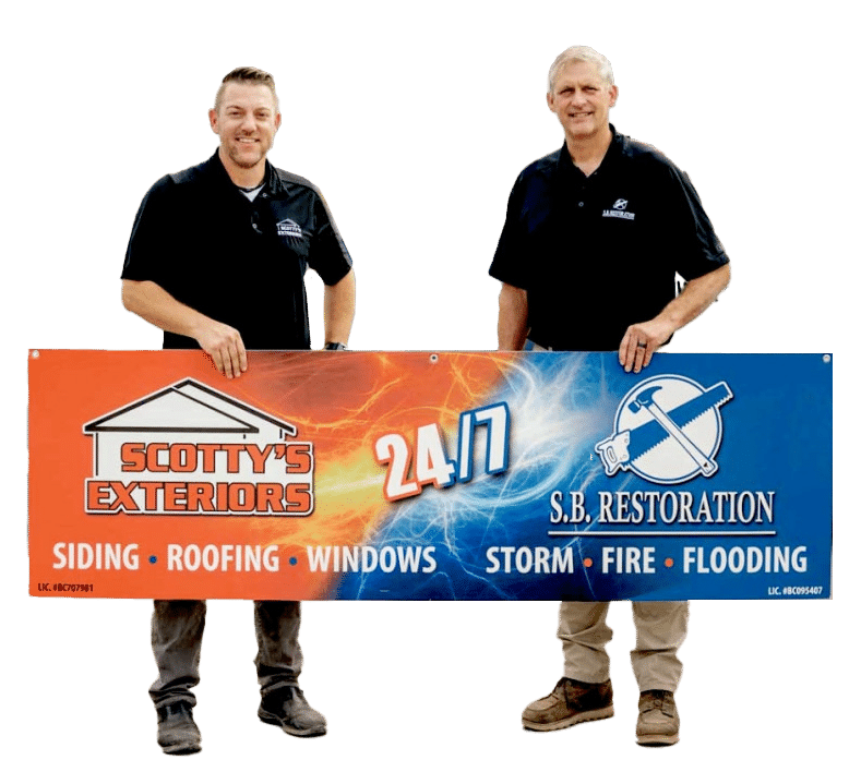John and Jeff pictured holding a banner with both Scotty's Exteriors and SB Restoration logos