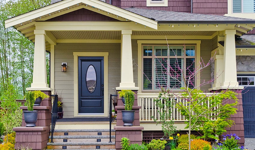 Front of house showing various siding - shakes and horizontal siding